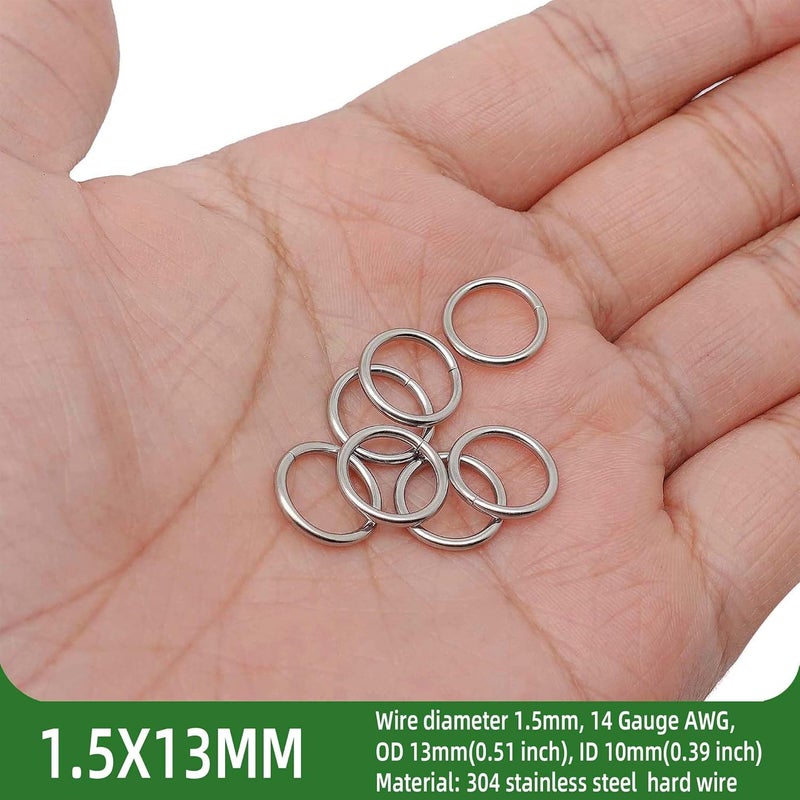 THREENEST 250PCS 13mm 1.5mm Thickness 14 Gauge Stainless Steel Jump Rings, Unwelded Metal Round Strong Thick Craft Ring for Necklace Bracelet Keychain Chainmail Jewelry Making - Image 2